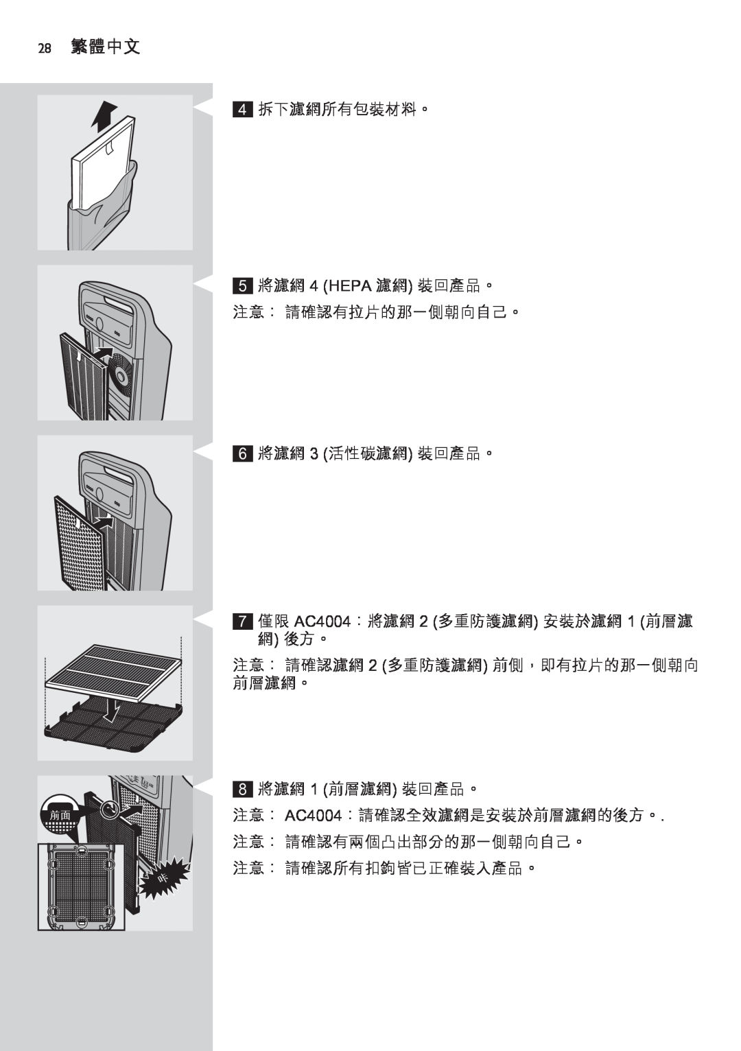 Philips AC4002 manual 28 繁體中文, 4 拆下濾網所有包裝材料。 5 將濾網 4 HEPA 濾網 裝回產品。 注意： 請確認有拉片的那一側朝向自己。, 注意： 請確認所有扣鉤皆已正確裝入產品。  